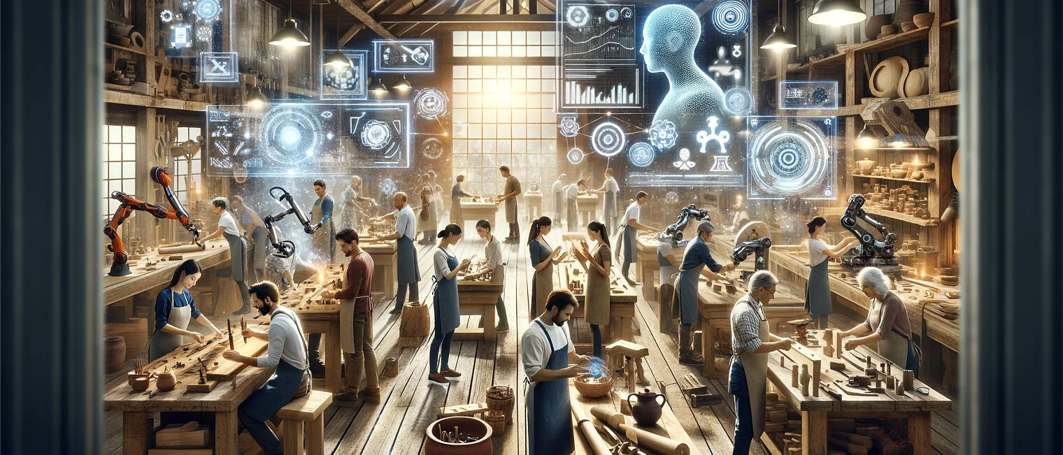 Ein mit Künstlicher Intelligenz generiertes Bild zeigt Handwerker in einer Werkstatt.