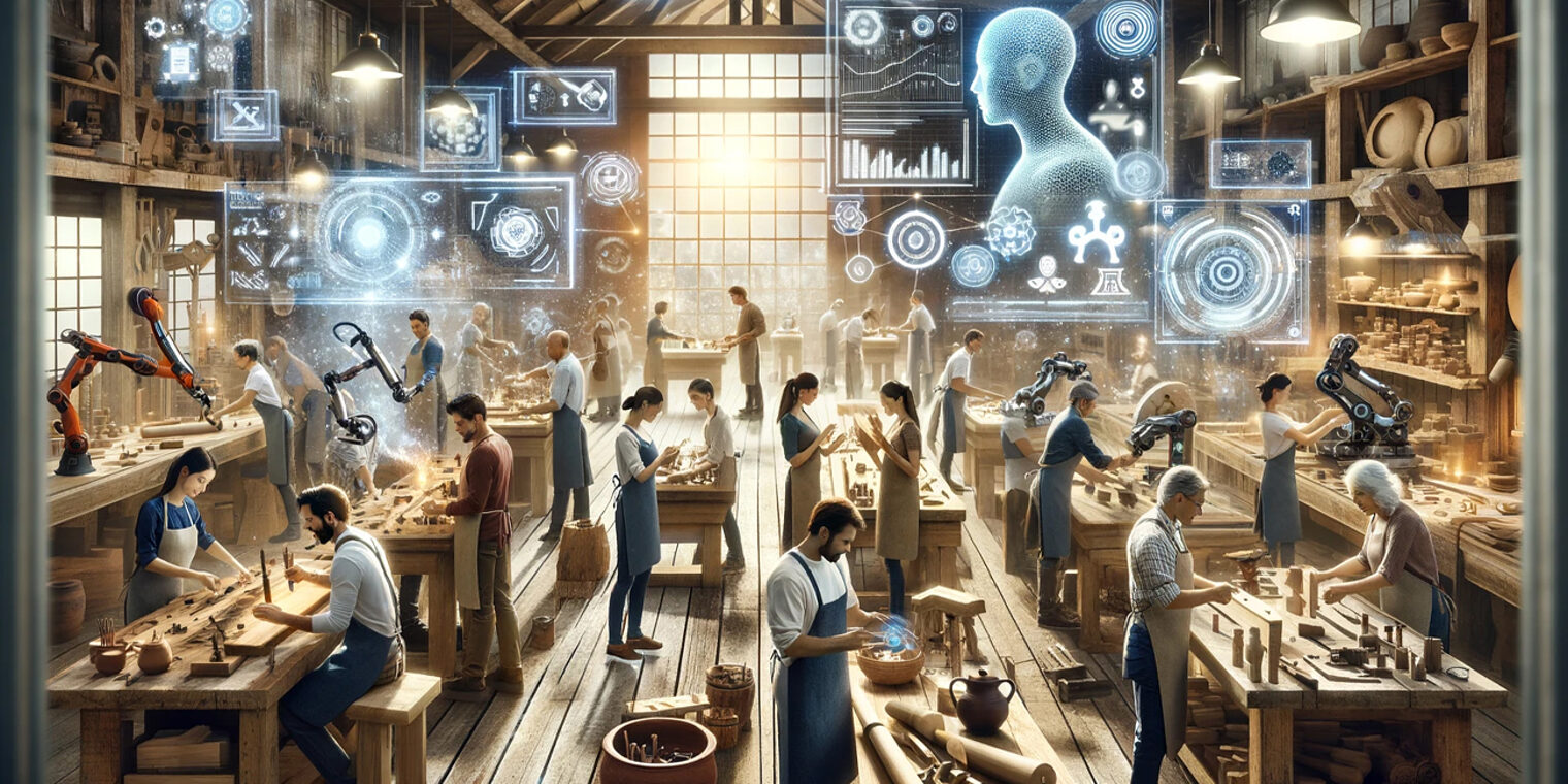 Ein mit Künstlicher Intelligenz generiertes Bild zeigt Handwerker in einer Werkstatt.