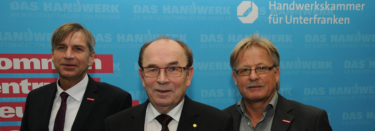 Das neue Präsidium der Handwerkskammer für Unterfranken: (v.l.) Michael Bissert, Vizepräsident Arbeitgeberseite, Walter Heußlein, Präsident, und Dieter Ehrenfels, Vizepräsident Arbeitnehmerseite Präsidium der Handwerkskammer für Unterfranken