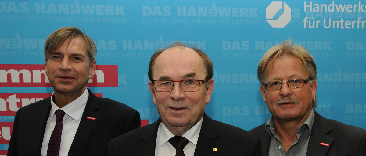 Das neue Präsidium der Handwerkskammer für Unterfranken: (v.l.) Michael Bissert, Vizepräsident Arbeitgeberseite, Walter Heußlein, Präsident, und Dieter Ehrenfels, Vizepräsident Arbeitnehmerseite Präsidium der Handwerkskammer für Unterfranken