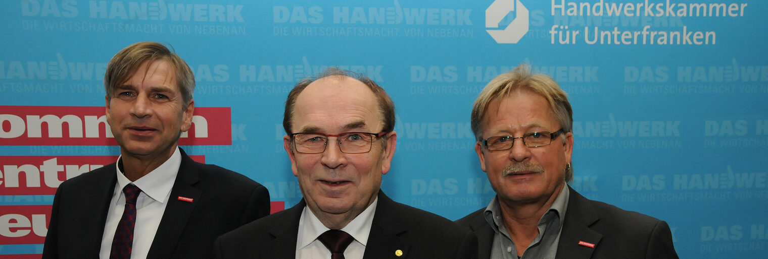 Das neue Präsidium der Handwerkskammer für Unterfranken: (v.l.) Michael Bissert, Vizepräsident Arbeitgeberseite, Walter Heußlein, Präsident, und Dieter Ehrenfels, Vizepräsident Arbeitnehmerseite Präsidium der Handwerkskammer für Unterfranken