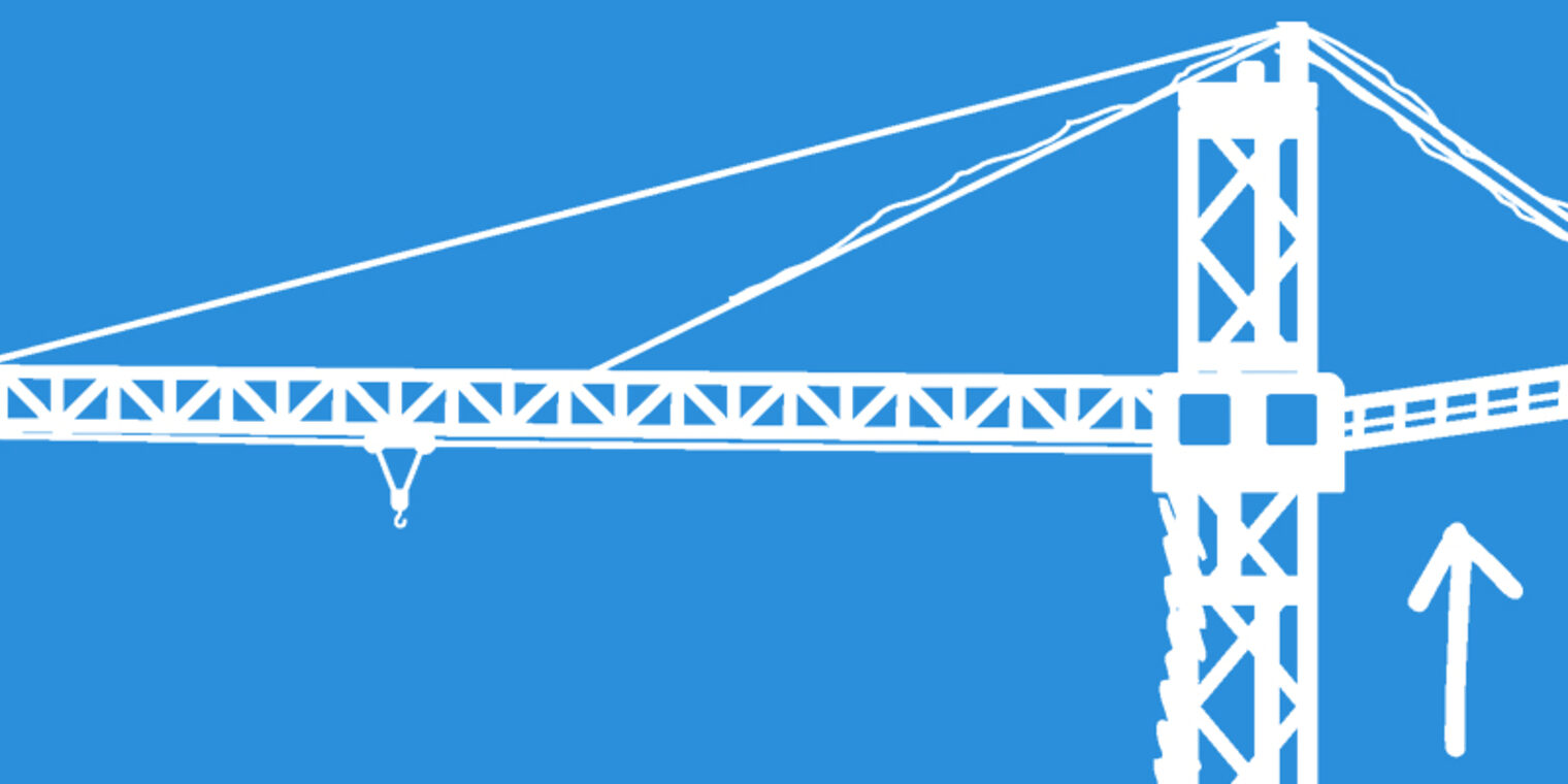 Blaupause eines Krans, Kran in weiß, Hintergrund blau