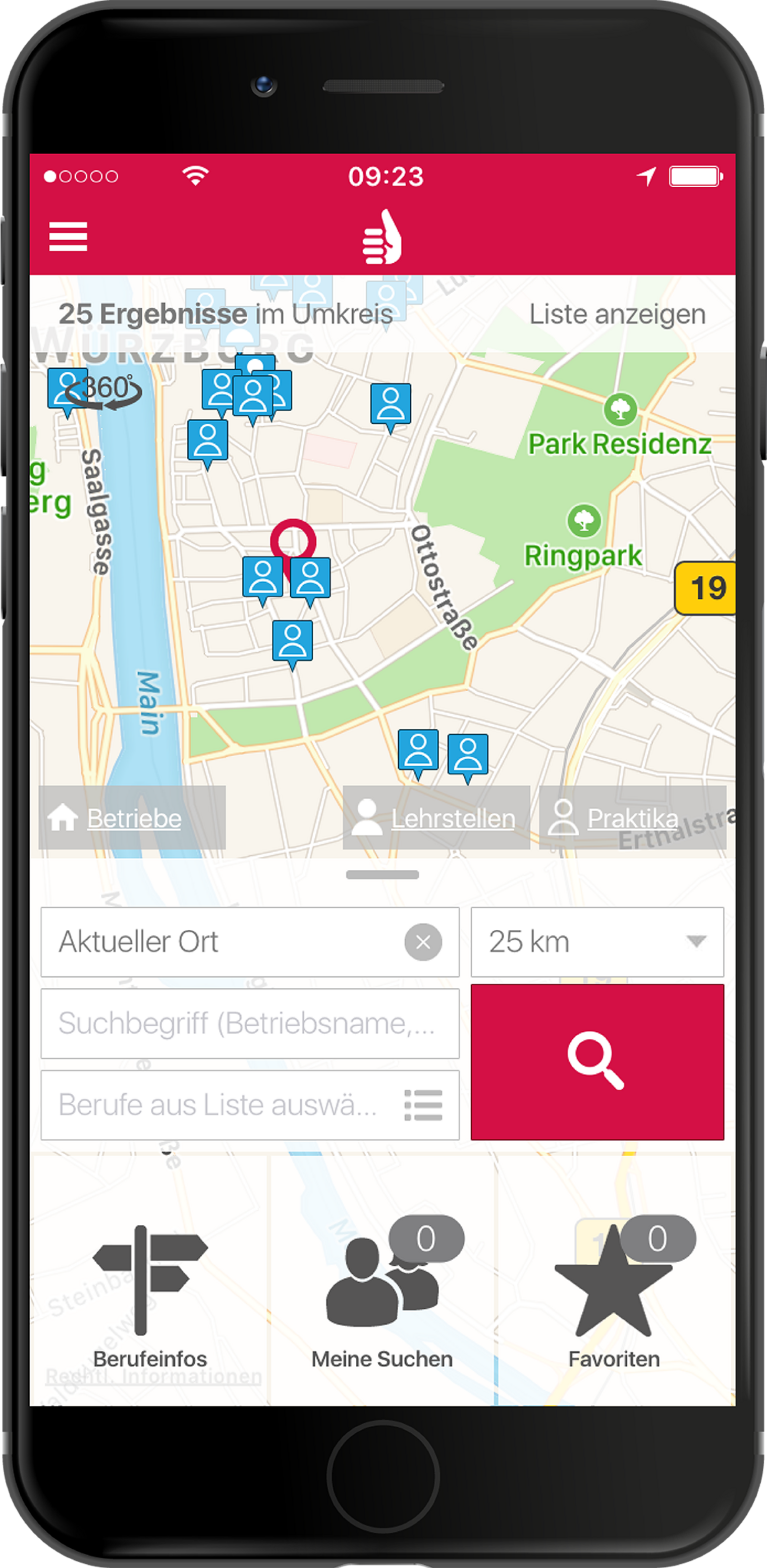 Iphone mit der Splashscreen Würzburg Suche auf dem Display
