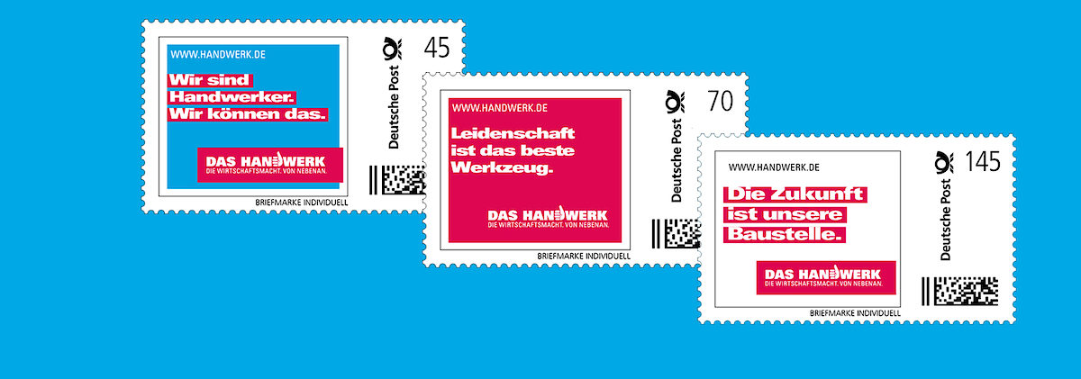 Die Handwerksbriefmarke kann in verschiedenen Designs, Portostufen und mit verschiedenen Sprüchen bestellt werden. Handwerksbriefmarke, Imagekampagne des deutschen Handwerks
