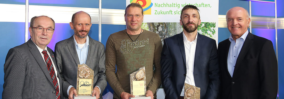 ¿Die Preisträger des Nachhaltigkeitspreises 2017 (v.l.n.r.): Handwerkskammer-Präsident Walter Heußlein, Michael Albert (Albert Haus), Martin Weber (Martin Weber Haustechnik), Uwe Schneider (Hubert Schneider GmbH), Thomas Habermann, Landrat des Landkreises Rhön-Grabfeld.