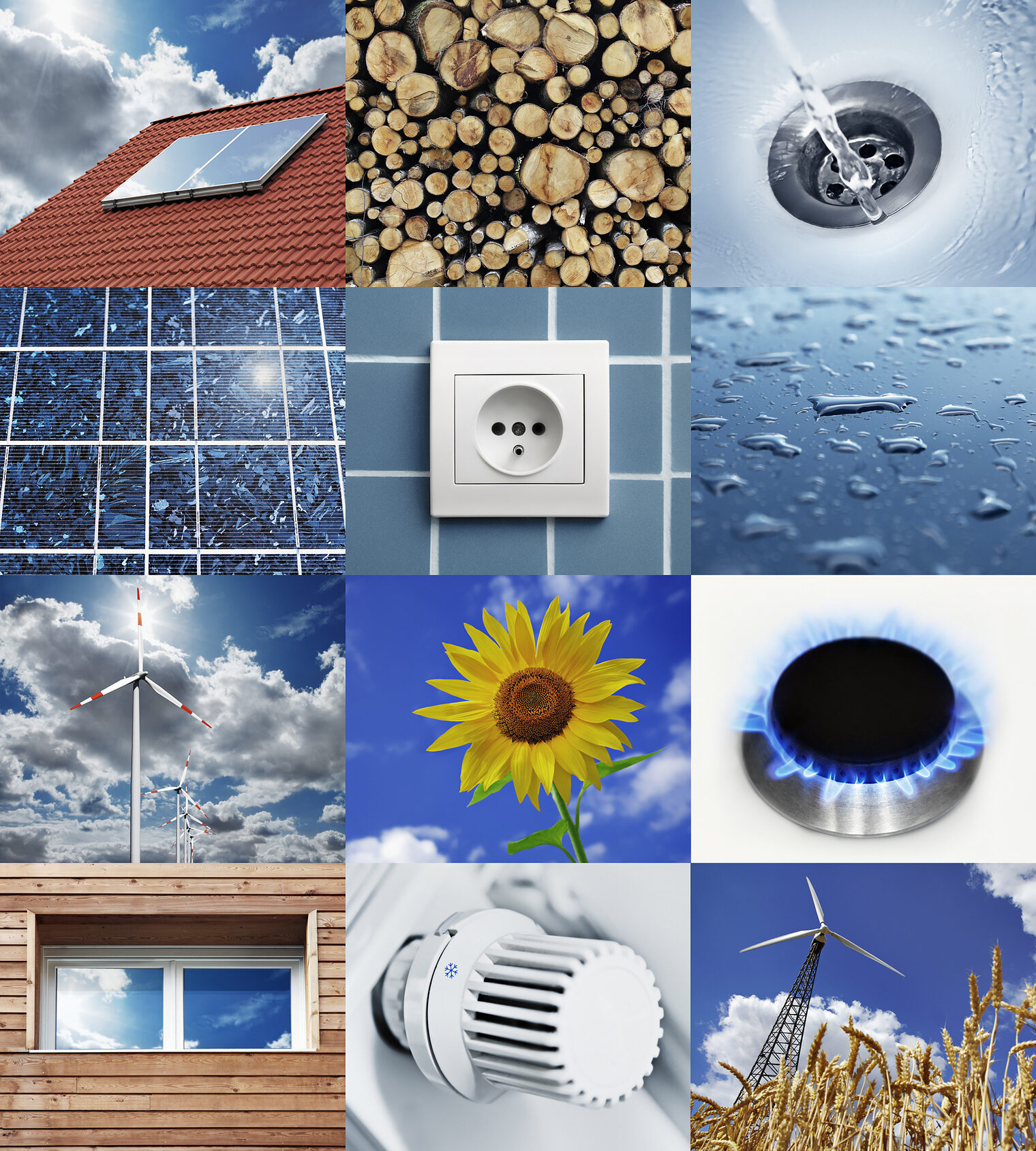 Eine Collage aus verschiedenen Symbolbildern zum Thema Energie, Photovoltaik, Heizkörper, Sonnenblume, Windkraftwerk
