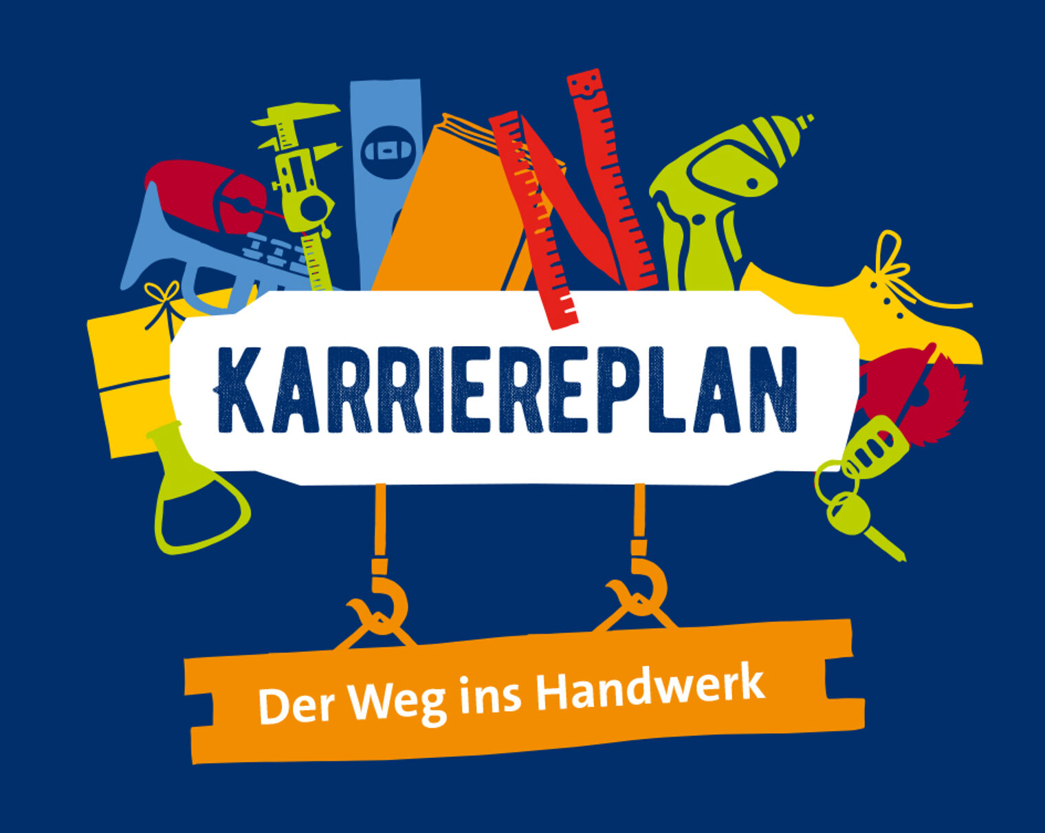 Plakat von "Karriereplan Der Weg ins Handwerk", Schild hängt an 2 Haken an verschiedenem Werkzeug