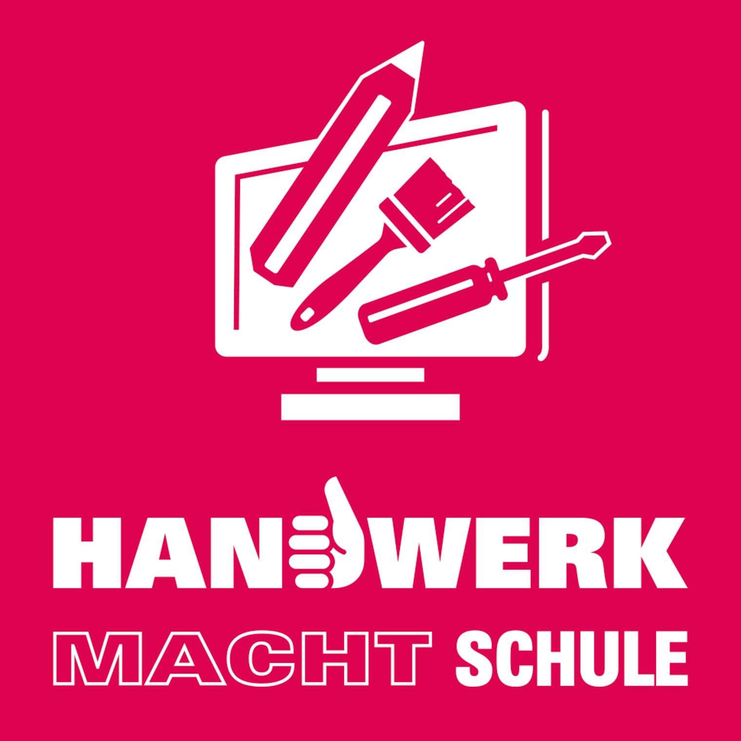 Portal Handwerk macht Schule Logo, verschiedenes Werkzeug mit dem Schriftzug "Handwerk macht Schule" darunter