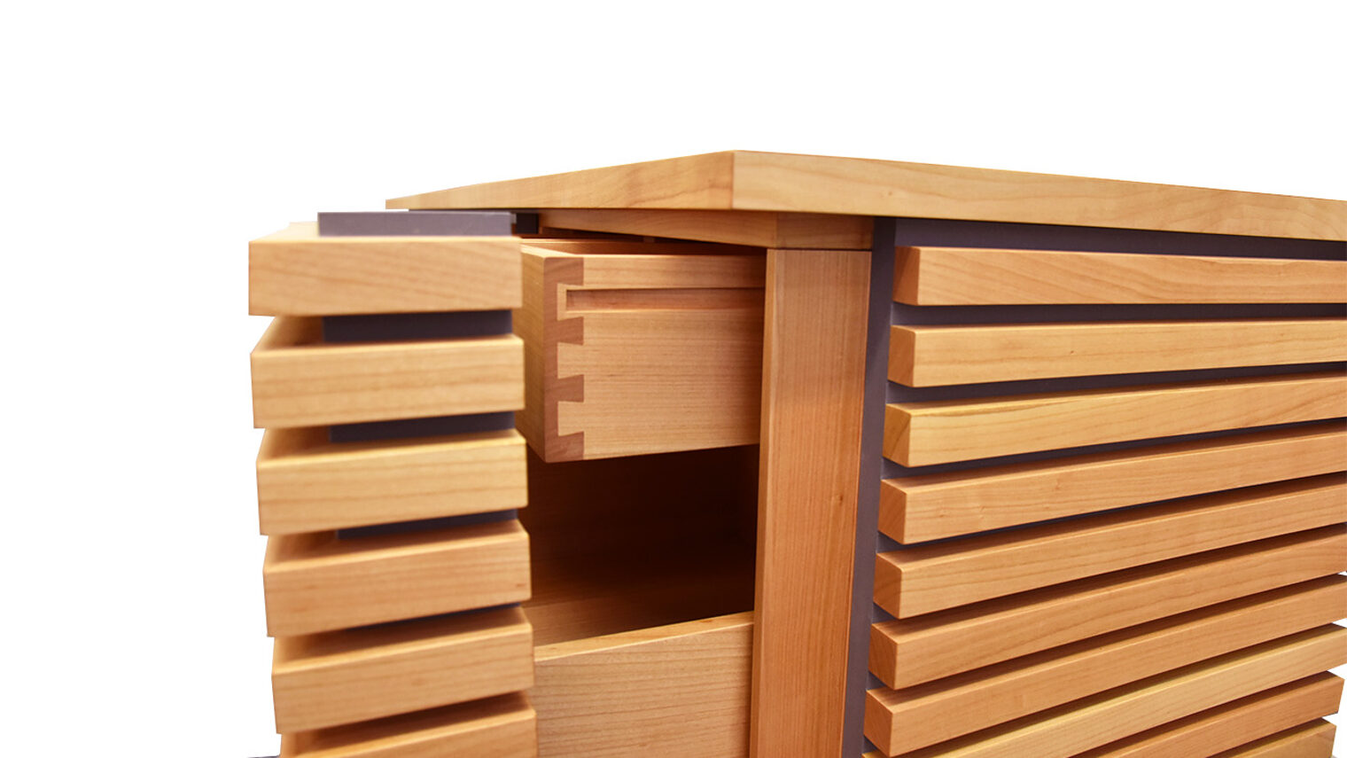 Schreinermeisterstück Eckansicht Hängesideboard in Leistenoptik