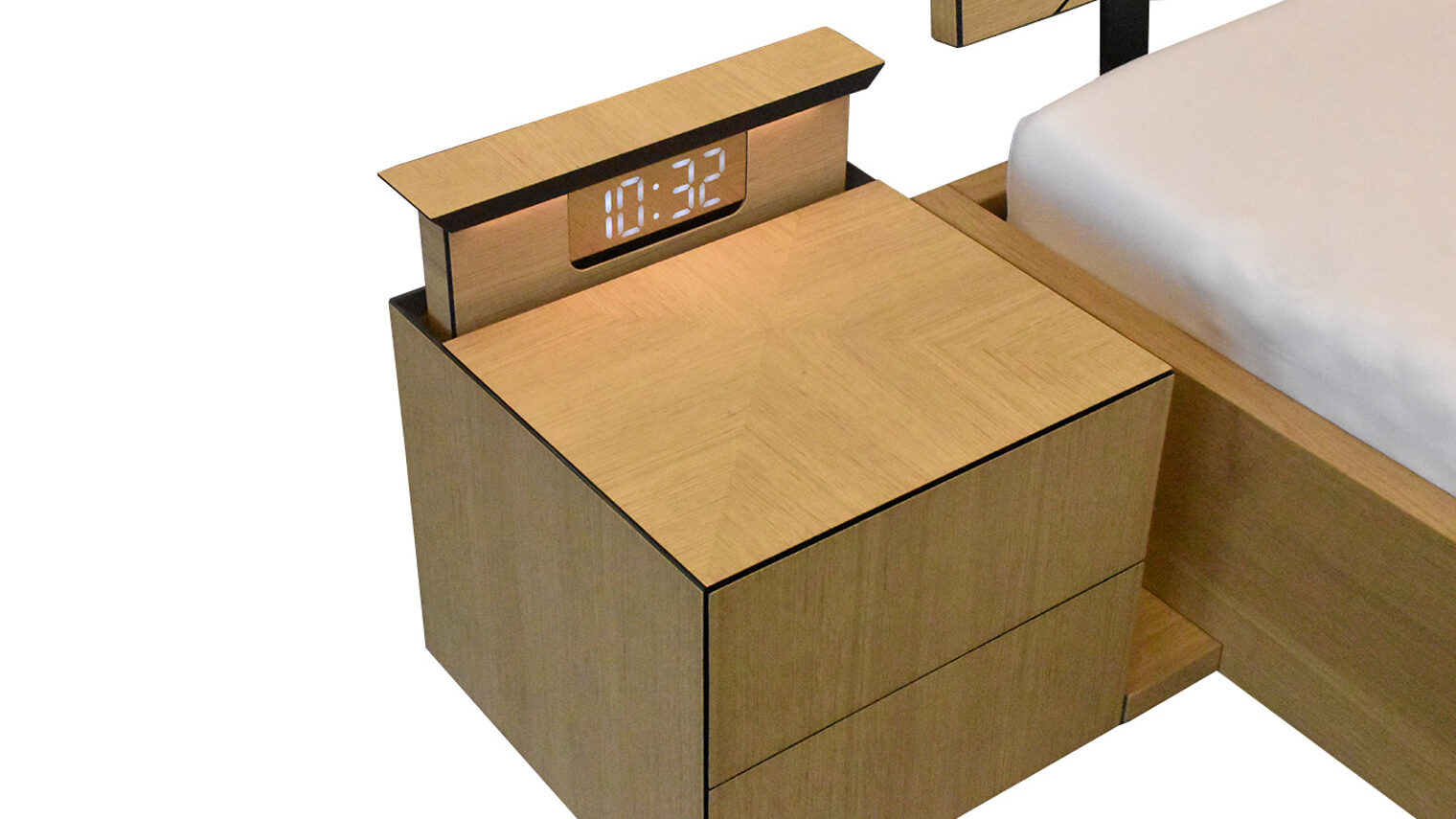 Schreinermeisterstück Bett mit Nachtschränkchen und ausgefahrener Uhr