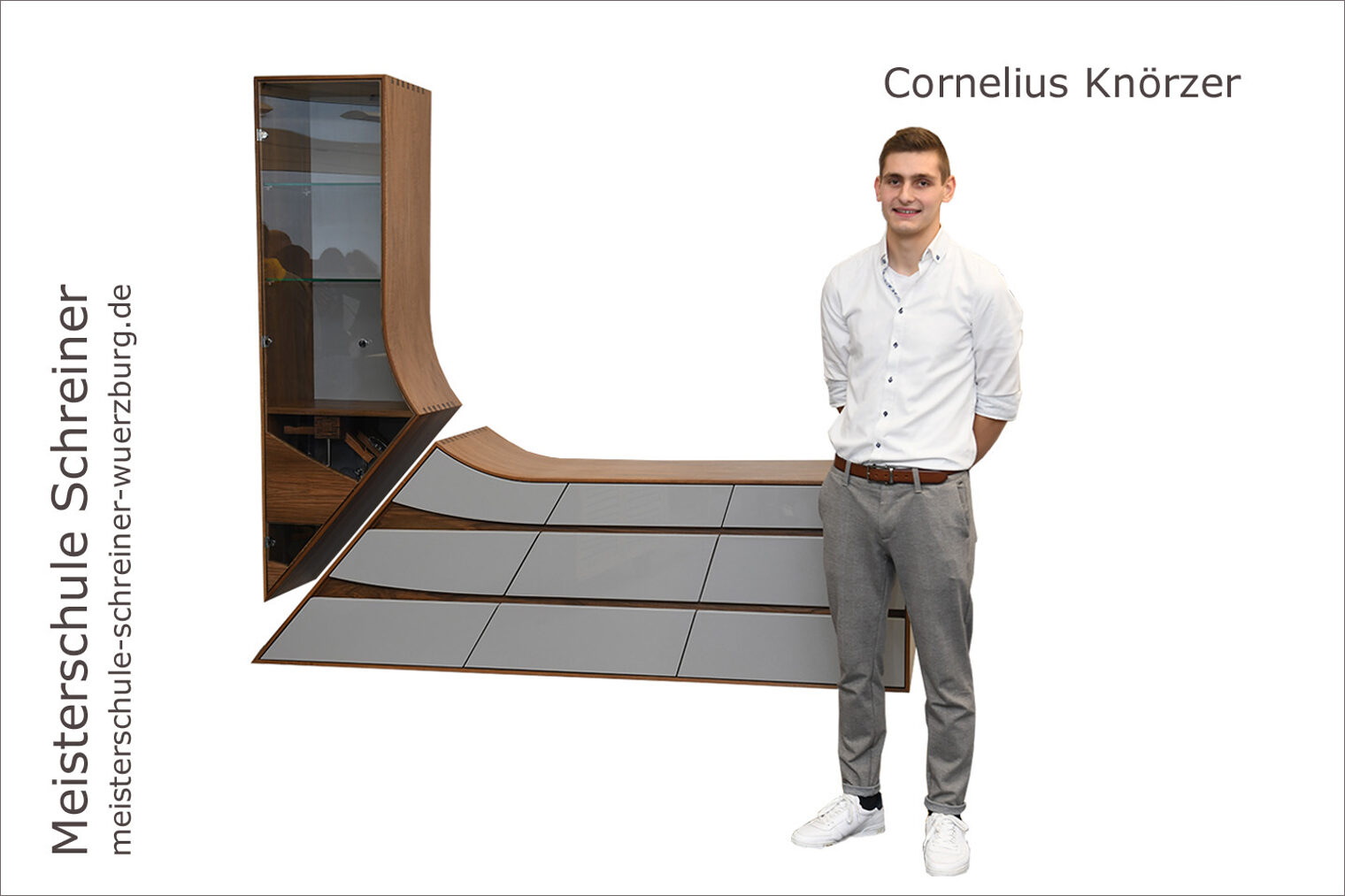 Meisterschule Schreiner Handwerkskammer für Unterfranken Porträt Cornelius Knörzer mit seinem TV-Lowboard mit Hängeschrank als Schreinermeisterstück