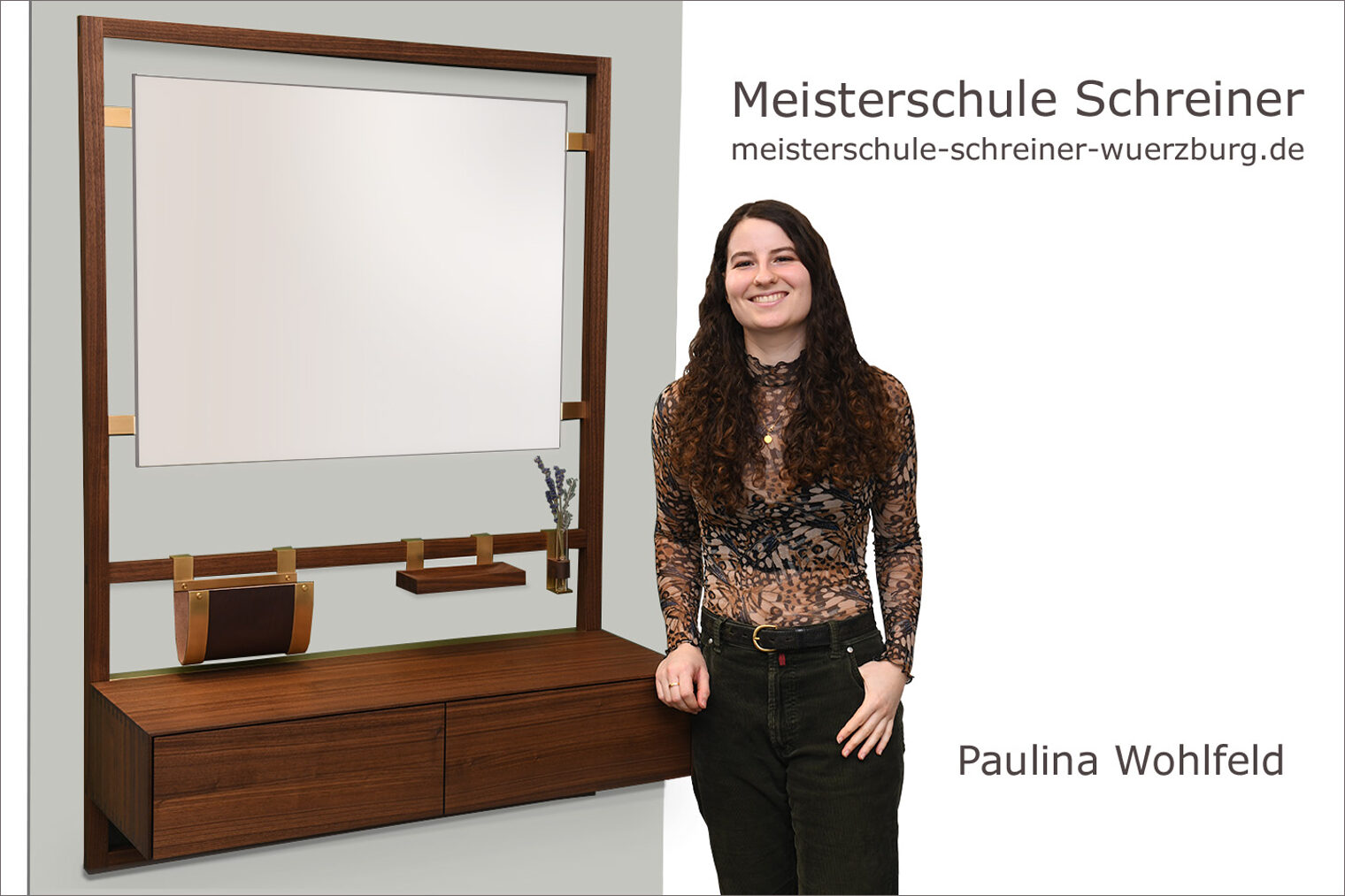Meisterschule Schreiner Handwerkskammer für Unterfranken Porträt Paulina Wohlfeld mit ihrem Flurmöbel als Schreinermeisterstück