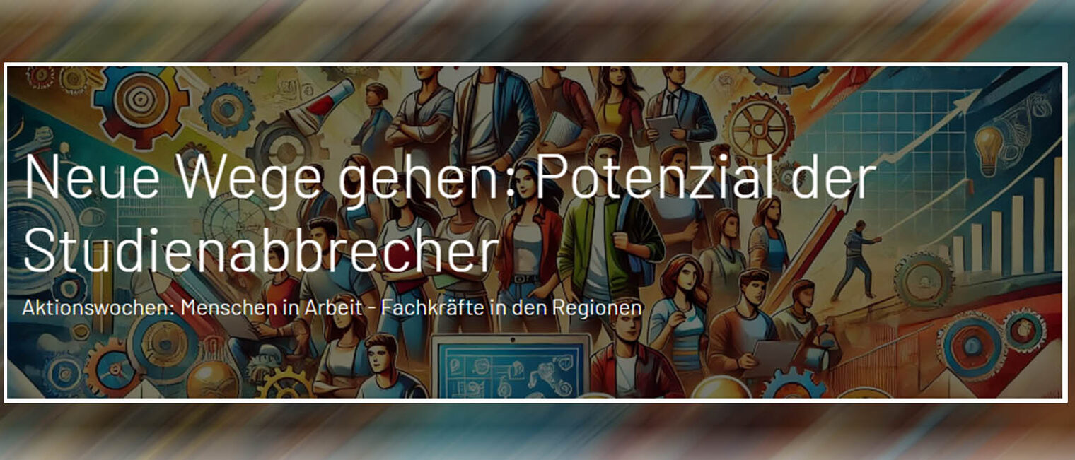 Infoveranstaltung Studienaussteiger KI generiertes Bild mit vielen Menschen und dem Schriftzug der Veranstaltung