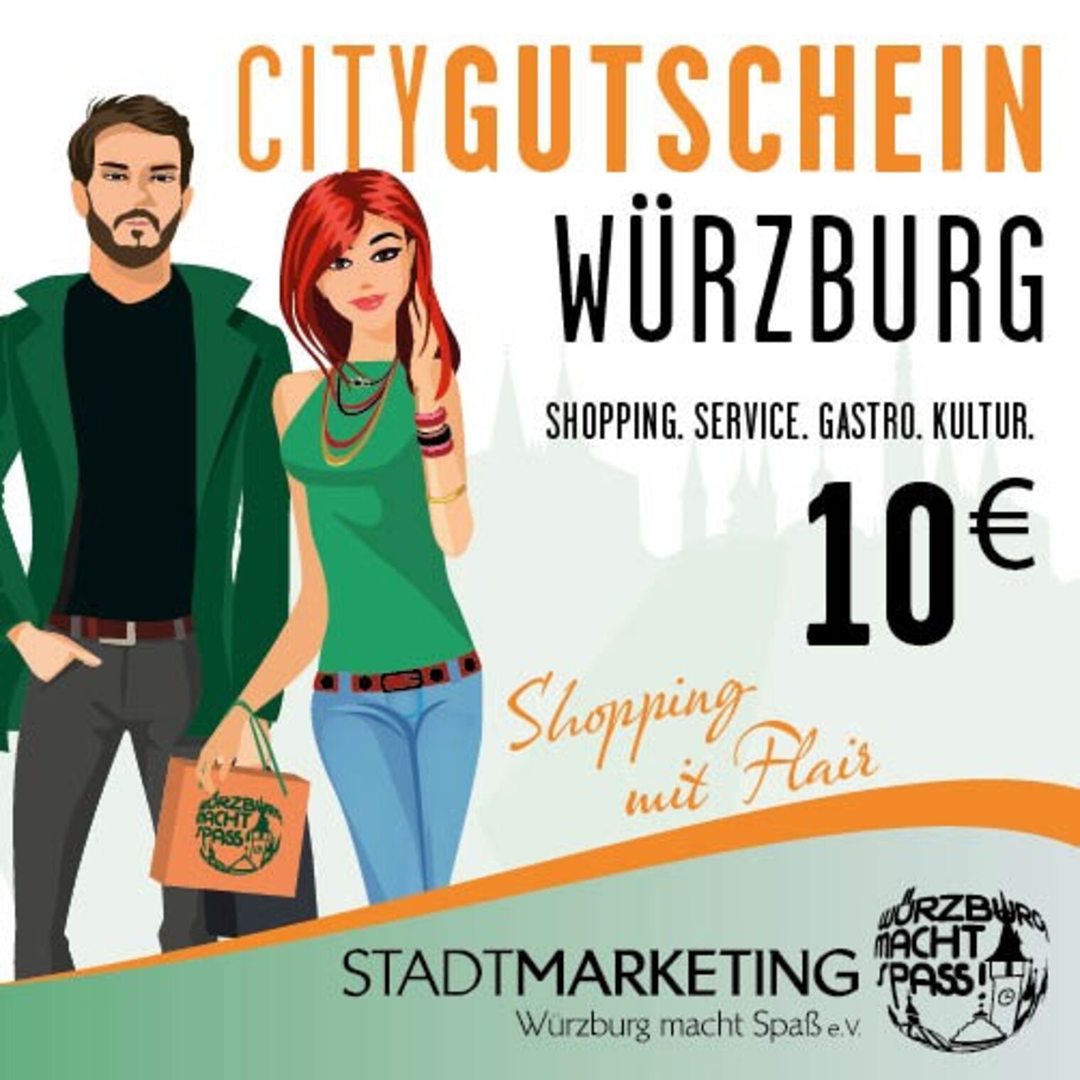2 junge Menschen beim Shopping, Foto des City Gutscheins Würzburg
