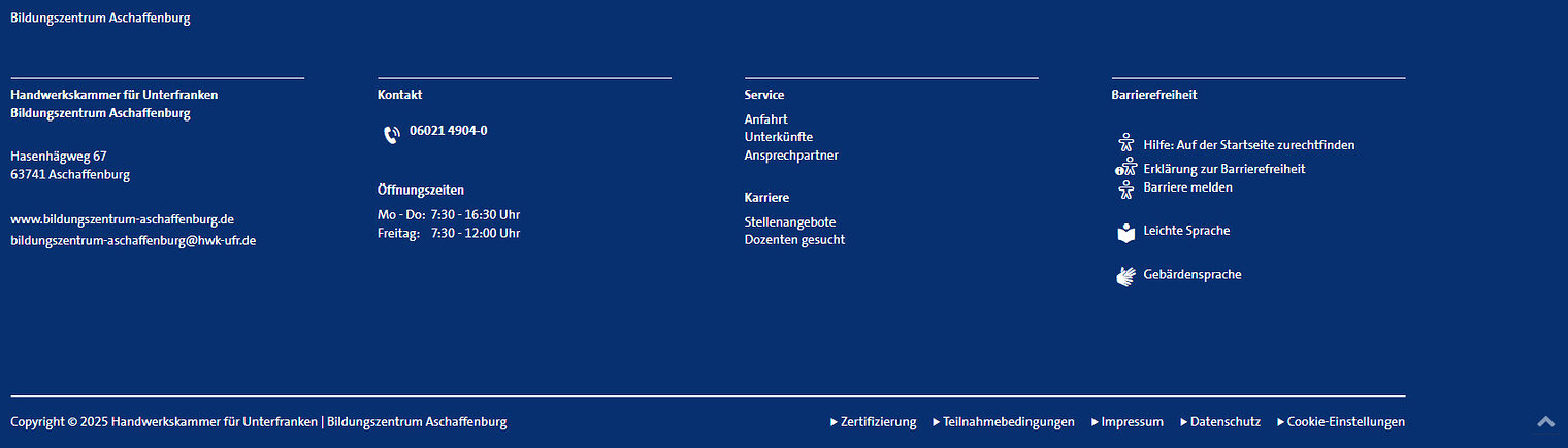 Screenshot des Footer-Bereichs auf www.bildungszentrum-aschaffenburg.de