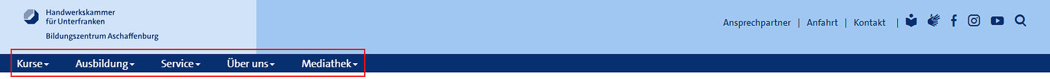 Screenshot der Hauptnavigation auf www.bildungszentrum-aschaffenburg.de