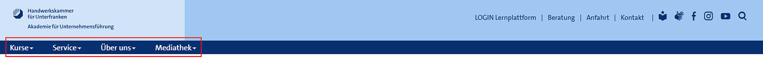 Screenshot der Hauptnavigation auf www.akademie-hwk.de