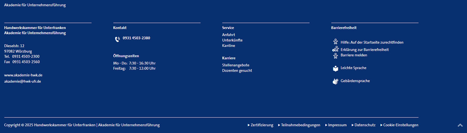 Screenshot des Footer-Bereichs auf www.akademie-hwk.de