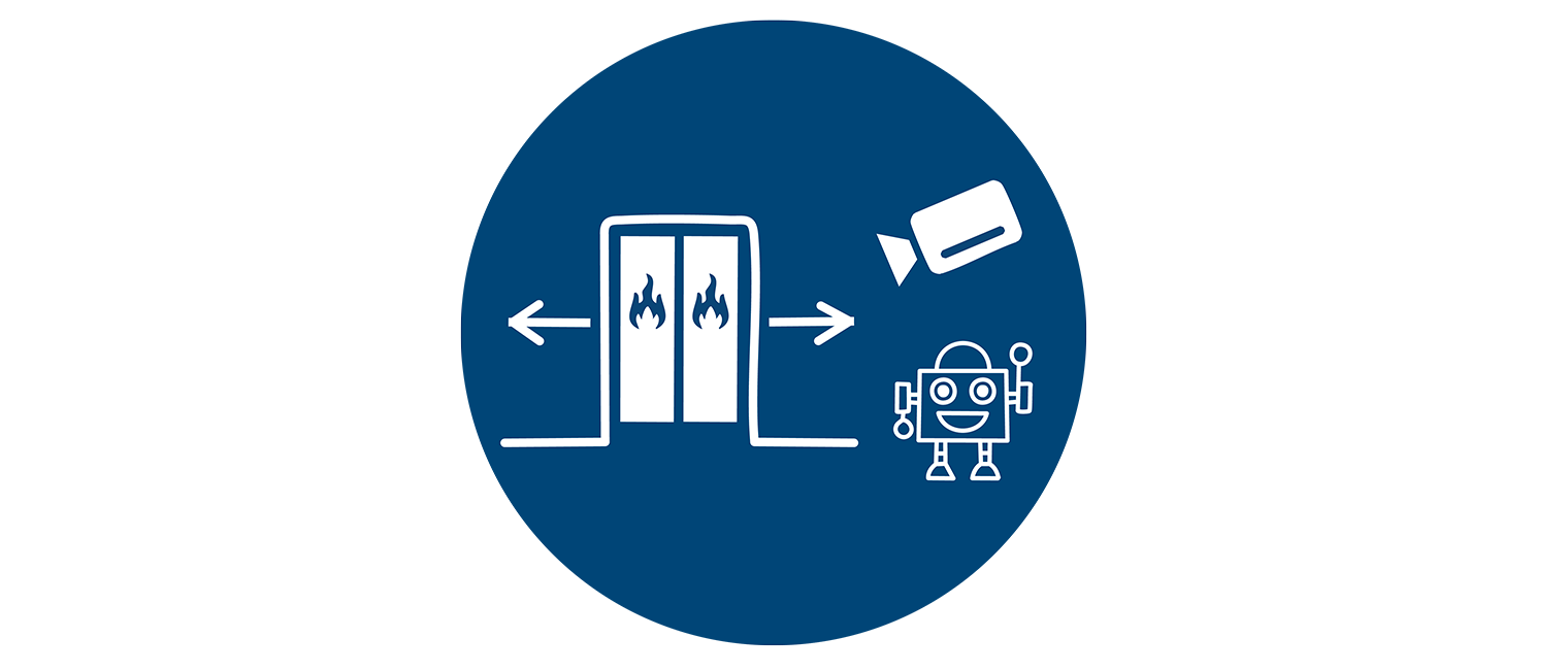 Blauer Kreis mit weißen Icons - Kamera, Roboter und Schweißkabine