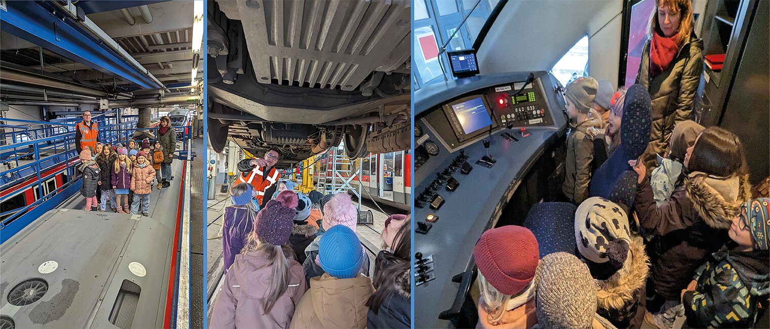 Fotokollage - drei Bilder, Kinder in einer großen Werkstatt für Züge.