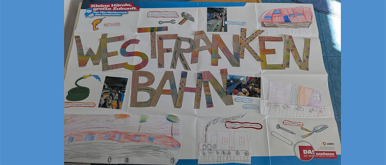 Großes Plakat mit Kinderzeichnungen, Fotos und Bastelarbeiten.