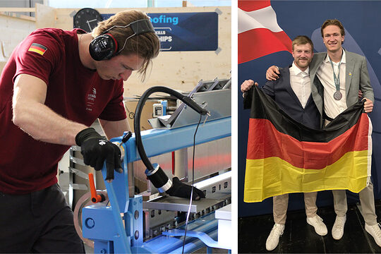 Collage mit Bilder von Spengler bei Arbeit und Siegerfoto mit Deutschlandflagge