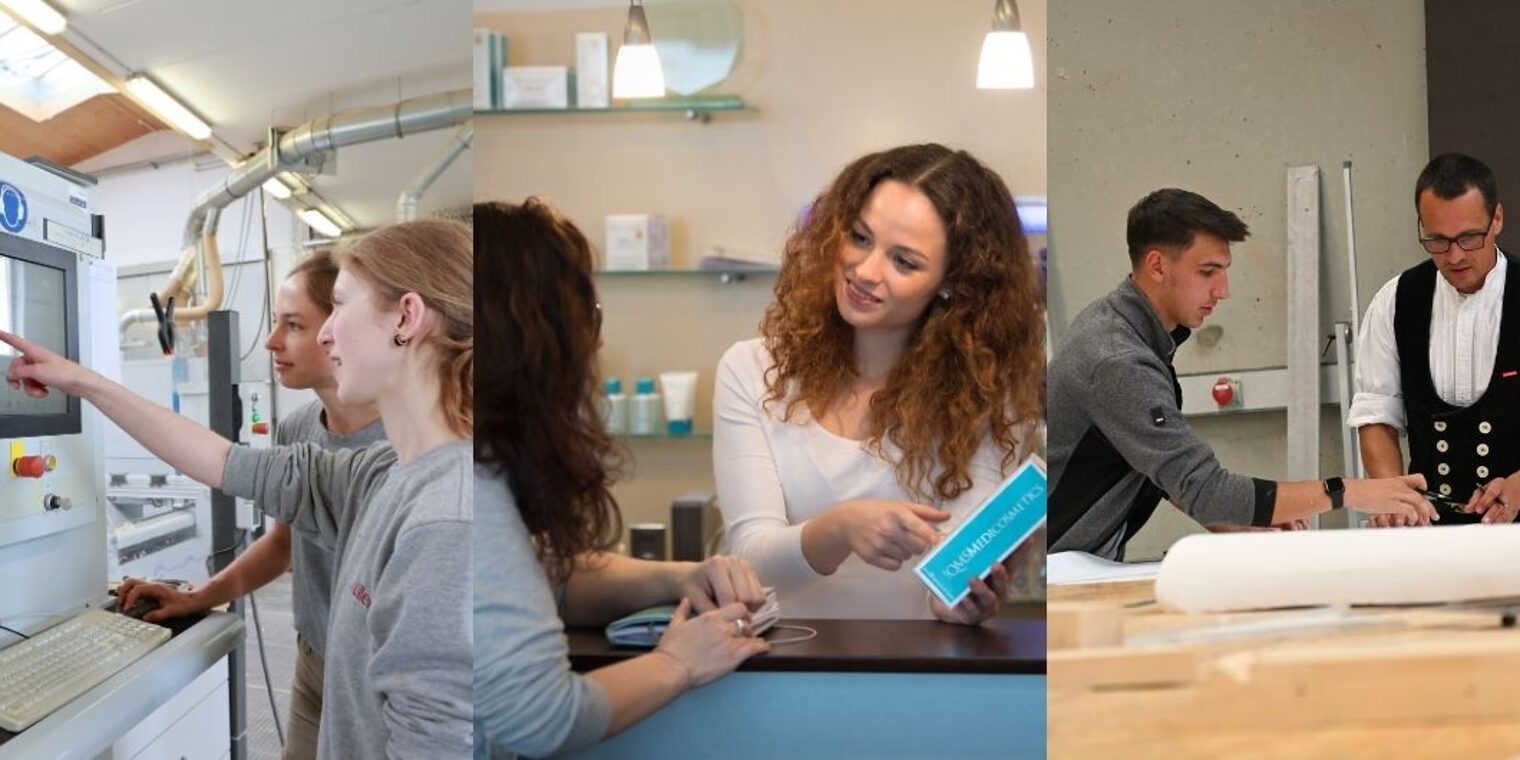 Drei Bilder von Auszubildenden im Gespräch mit Ausbildern oder Kunden