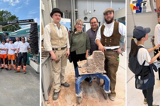 Collage mit verschiedenen Gruppenfotos von Handwerkern auf der Jobmeile