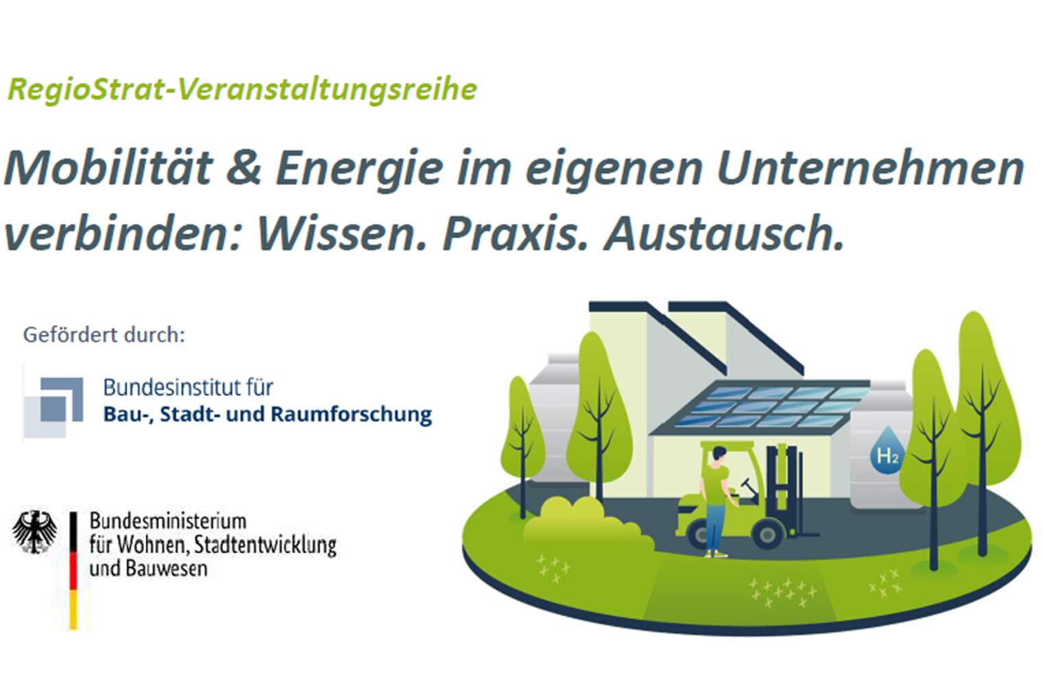 Grafik - Haus mit Solardach, davor ein Mensch mit Auto an einer Strom-Zapfsäule dazu der Name der Veranstaltungsreihe
