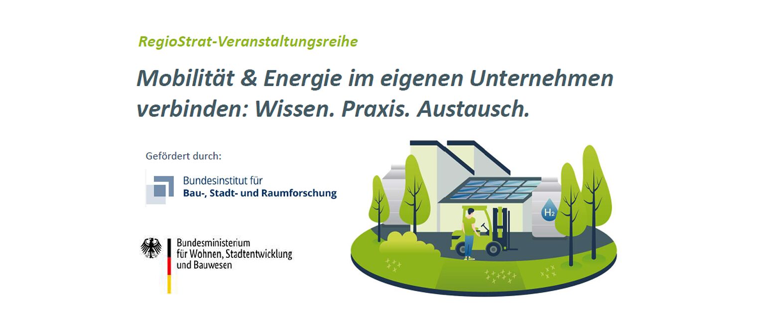 Grafik - Haus mit Solardach, davor ein Mensch mit Auto an einer Strom-Zapfsäule dazu der Name der Veranstaltungsreihe