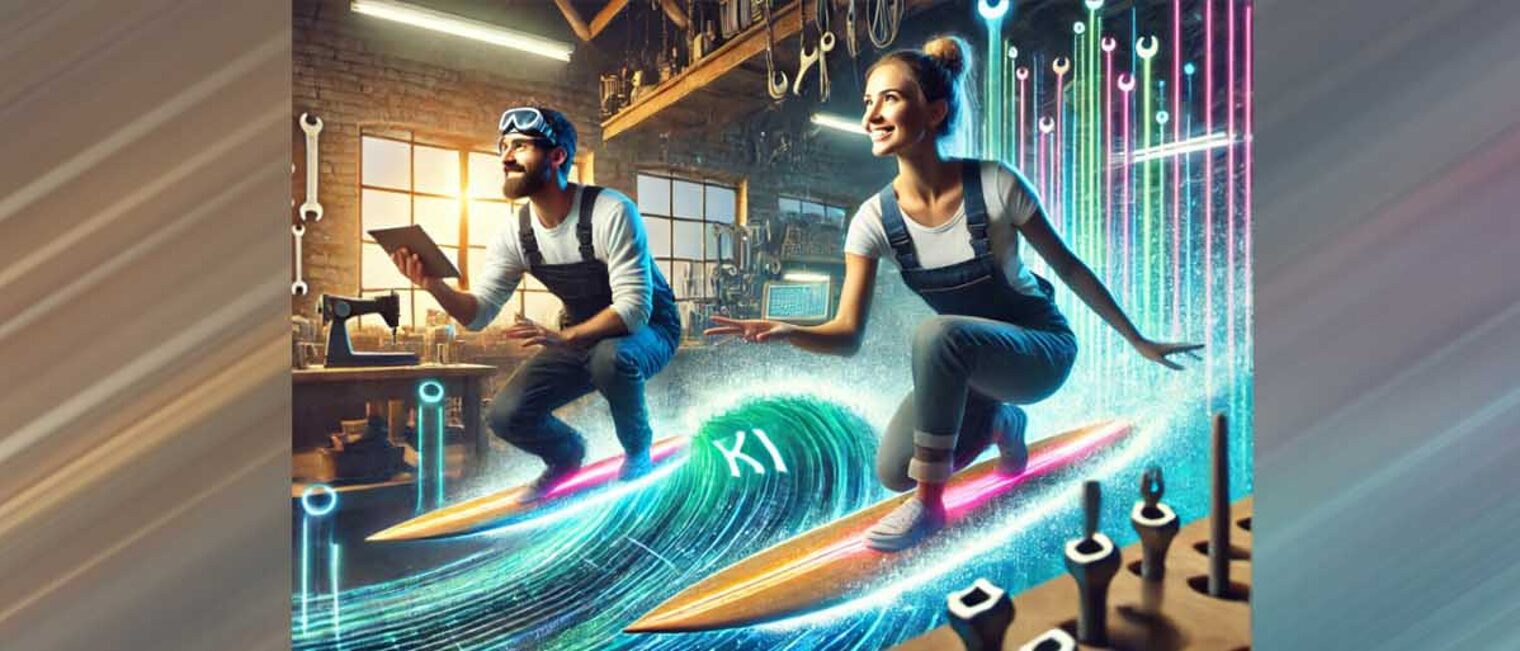 KI-generiertes Bild mit Zwei Handwerkern, die in einer Werkstatt surfen
