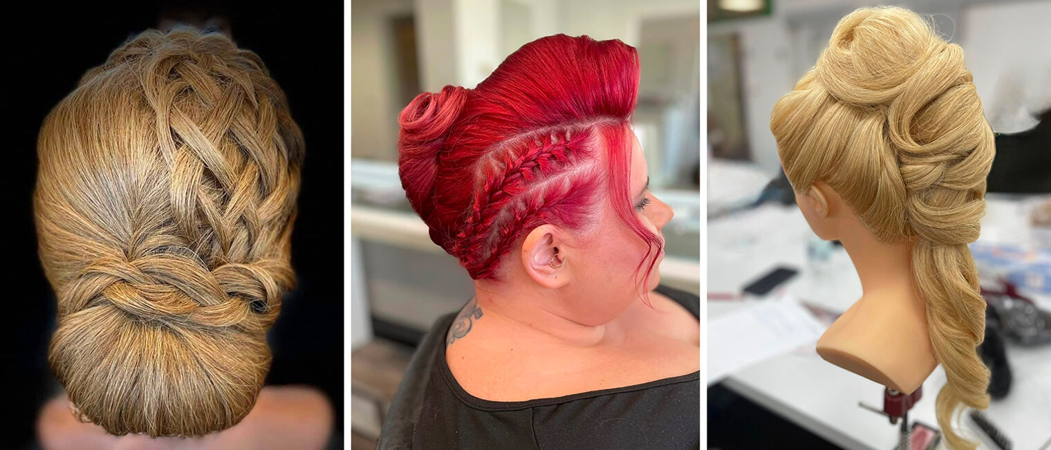 Drei Hochsteckfrisuren zeigen Flechttechniken für die Weiterbildung im Friseur-Handwerk.