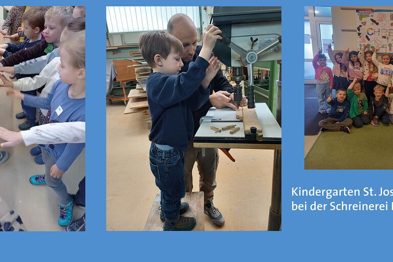 Fotokollage drei Bilder, Kinderhände am Holz, Kind und Erwachsener an einer Maschine, Gruppenbild vor Wettbewerbsposter