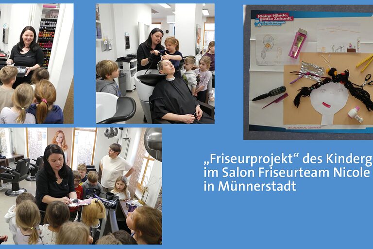 Fotokollage drei Bilder Kinder in einem Friseursalon und ein Poster mit Kinderzeichnung bei Friseur 